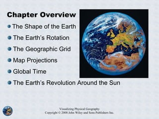 Visualizing Physical Geography
Copyright © 2008 John Wiley and Sons Publishers Inc.
Chapter Overview
The Shape of the Earth
The Earth’s Rotation
The Geographic Grid
Map Projections
Global Time
The Earth’s Revolution Around the Sun
 