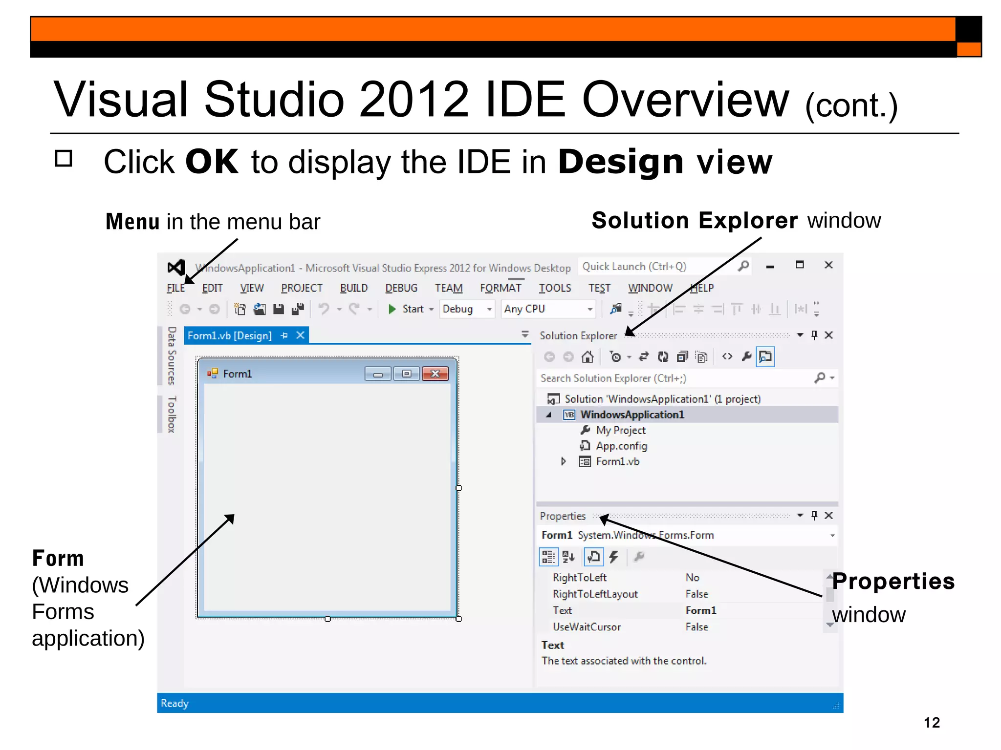 12
Visual Studio 2012 IDE Overview (cont.)
 Click OK to display the IDE in Design view
Menu in the menu bar Solution Explorer window
Form
(Windows
Forms
application)
Properties
window
 