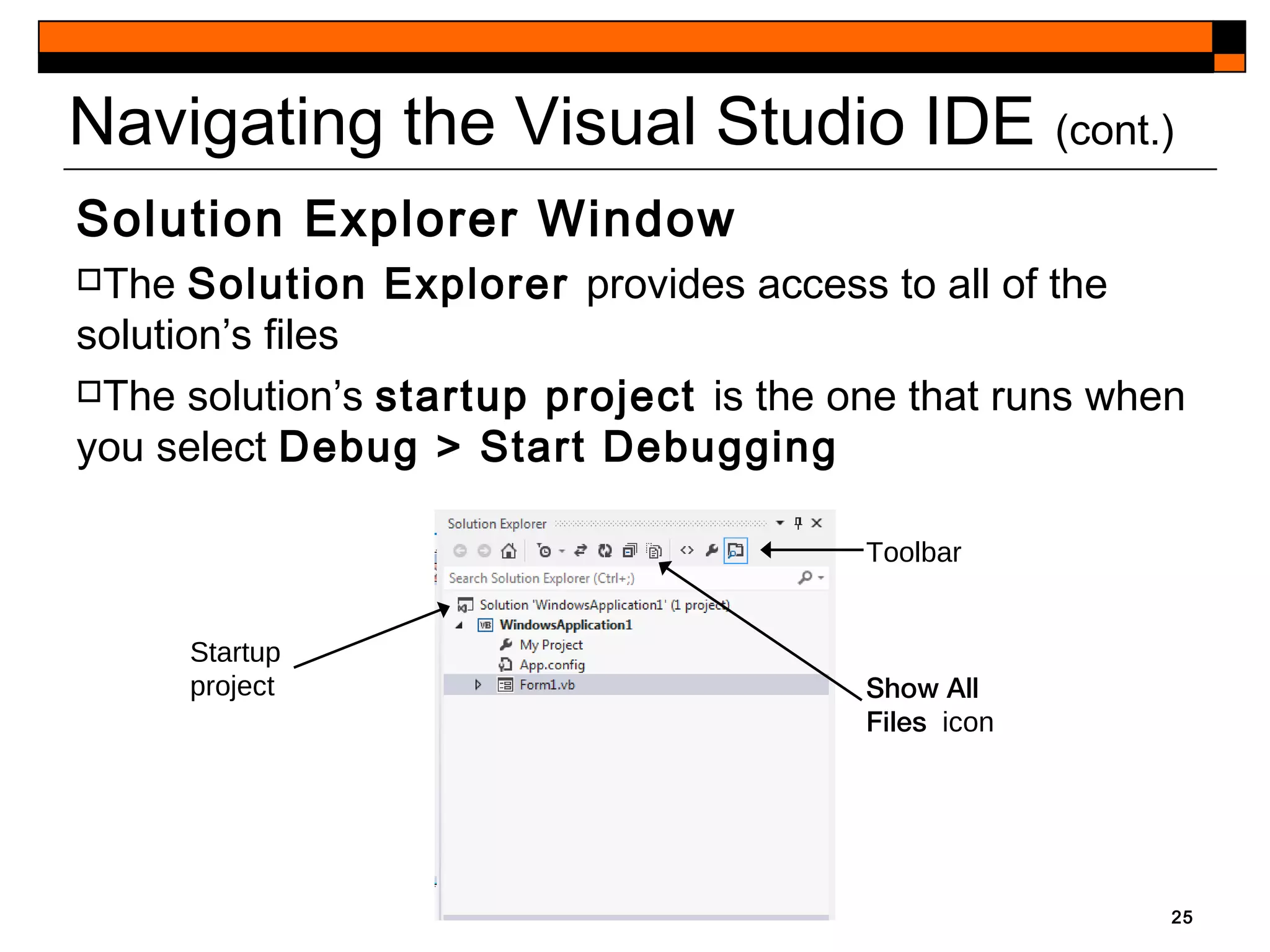 Navigating the Visual Studio IDE (cont.)
Solution Explorer Window
The Solution Explorer provides access to all of the
solution’s files
The solution’s startup project is the one that runs when
you select Debug > Start Debugging
25
Show All
Files icon
Toolbar
Startup
project
 