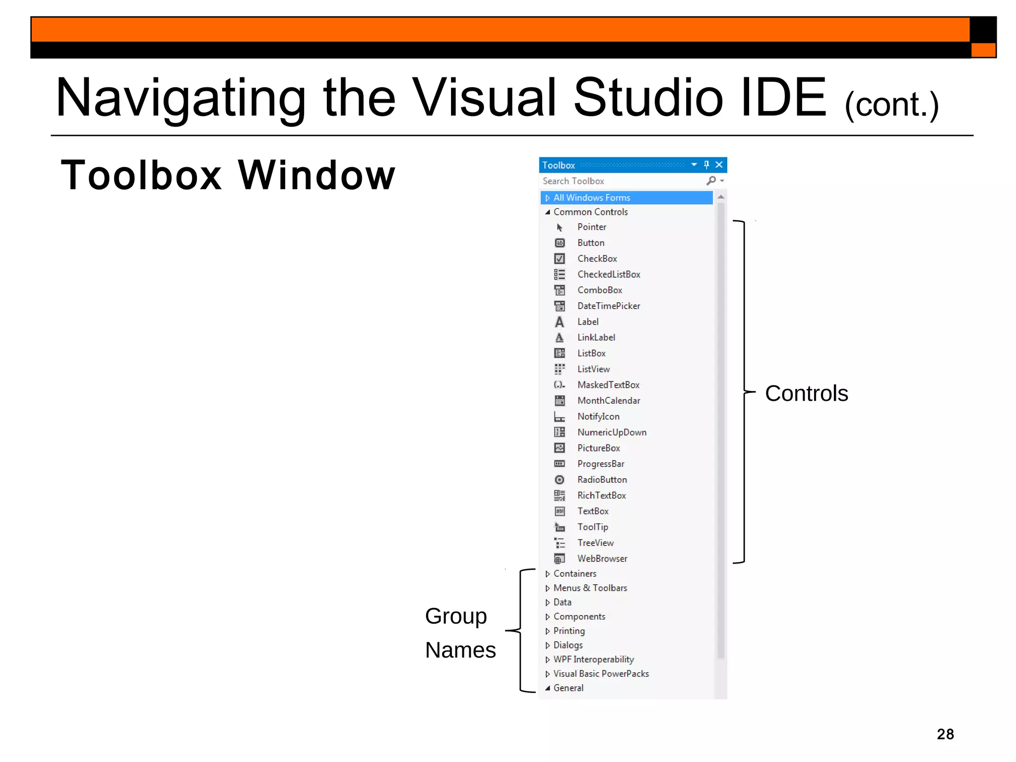Navigating the Visual Studio IDE (cont.)
Toolbox Window
28
Group
Names
Controls
 