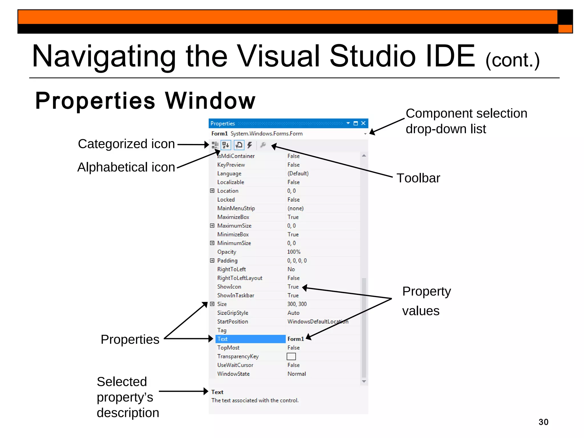 Navigating the Visual Studio IDE (cont.)
Properties Window
30
Categorized icon
Alphabetical icon
Properties
Selected
property’s
description
Property
values
Toolbar
Component selection
drop-down list
 