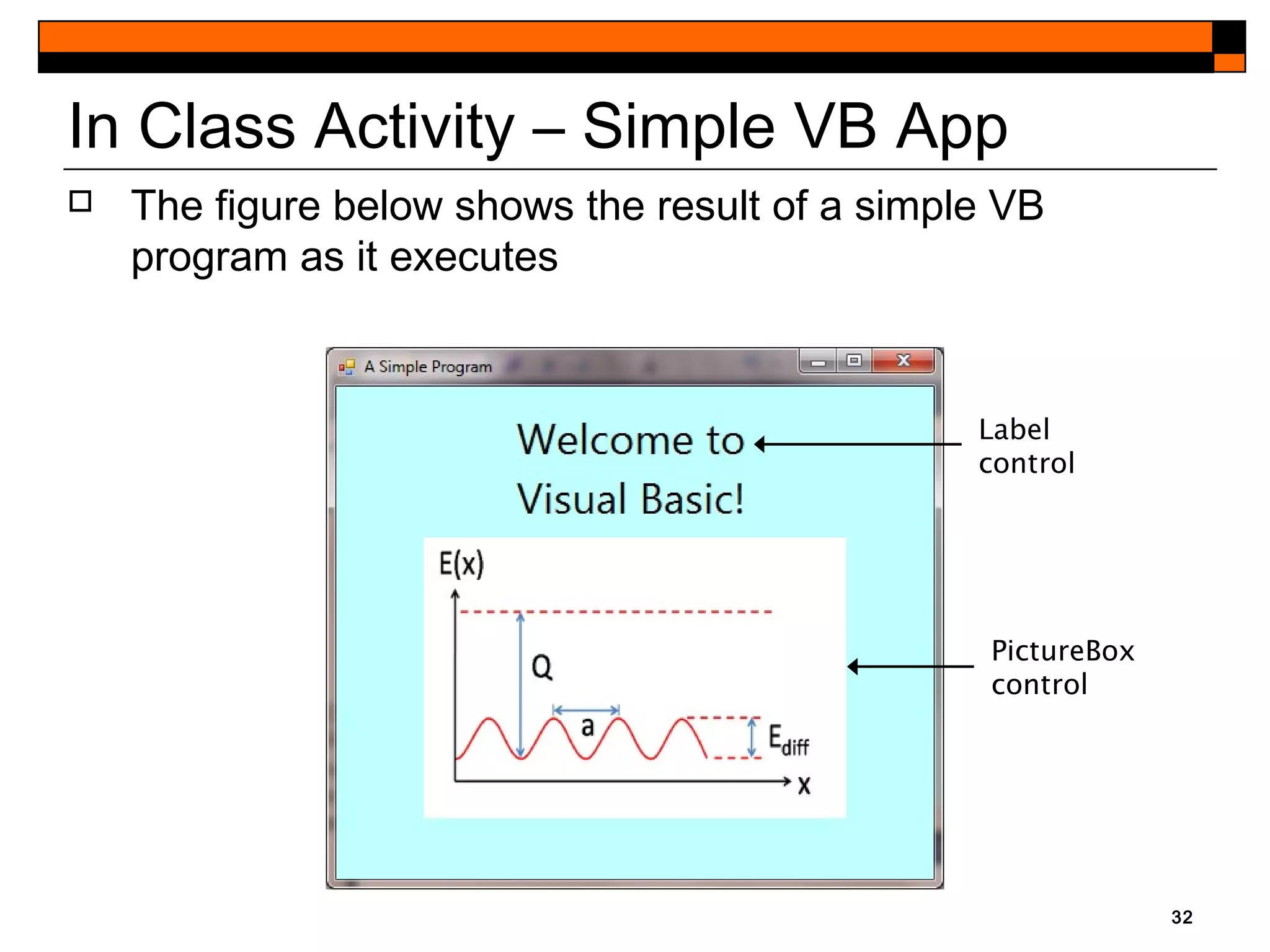 32
In Class Activity – Simple VB App
 The figure below shows the result of a simple VB
program as it executes
Label
control
PictureBox
control
 