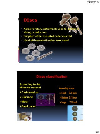 24/10/2013
23
Discs
 Abrasive rotary instrumentsused for proximal
slicingor reduction.
 Supplied either mounted or demounted
 Used with conventional or slow speed
Discs classification
According to the
abrasive material
Carborandum
Diamond
Metal
Sand paper
According to size
Small 3/8 inch
Medium 5/8 inch
Large 7/8 inch
 