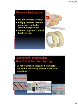 24/10/2013
49
Process Indicators
 Do not indicate sterility.
 Simply indicate that the
autoclave reached a
certain temperature.
 Show at a glance if a load
has been run.
Instrument Processing
Sterilization Monitoring
 Do not use instrumentpacks if chemical or
mechanical monitoringindicate inadequate
processing.
 