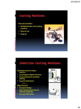 24/10/2013
58
Casting Machines
KerrLabCentrifico
 Reliable broken-arm casting
machine
 Easy to use
 $479.50
Induction Casting Machines
Dentsply Ceramco Super
Cascom
 100 program digital memory
 Vacuum/pressure assisted
casting
 $15,000 retail price
———
Bego FornaxT
 Compact design
 Short heating time due to
infrared controller
 $12,473 retail price
 