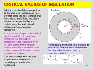 CRITICAL RADIUS OF INSULATION
Adding more insulation to a wall or
to the attic always decreases heat
transfer since the heat transfer area
is constant, and adding insulation
always increases the thermal
resistance of the wall without
increasing the convection
resistance.
In a a cylindrical pipe or a spherical
shell, the additional insulation
increases the conduction
resistance of the insulation layer
but decreases the convection             An insulated cylindrical pipe exposed to
resistance of the surface because        convection from the outer surface and
of the increase in the outer surface     the thermal resistance network
area for convection.                     associated with it.
The heat transfer from the pipe
may increase or decrease,
depending on which effect
dominates.                                                                    24
 