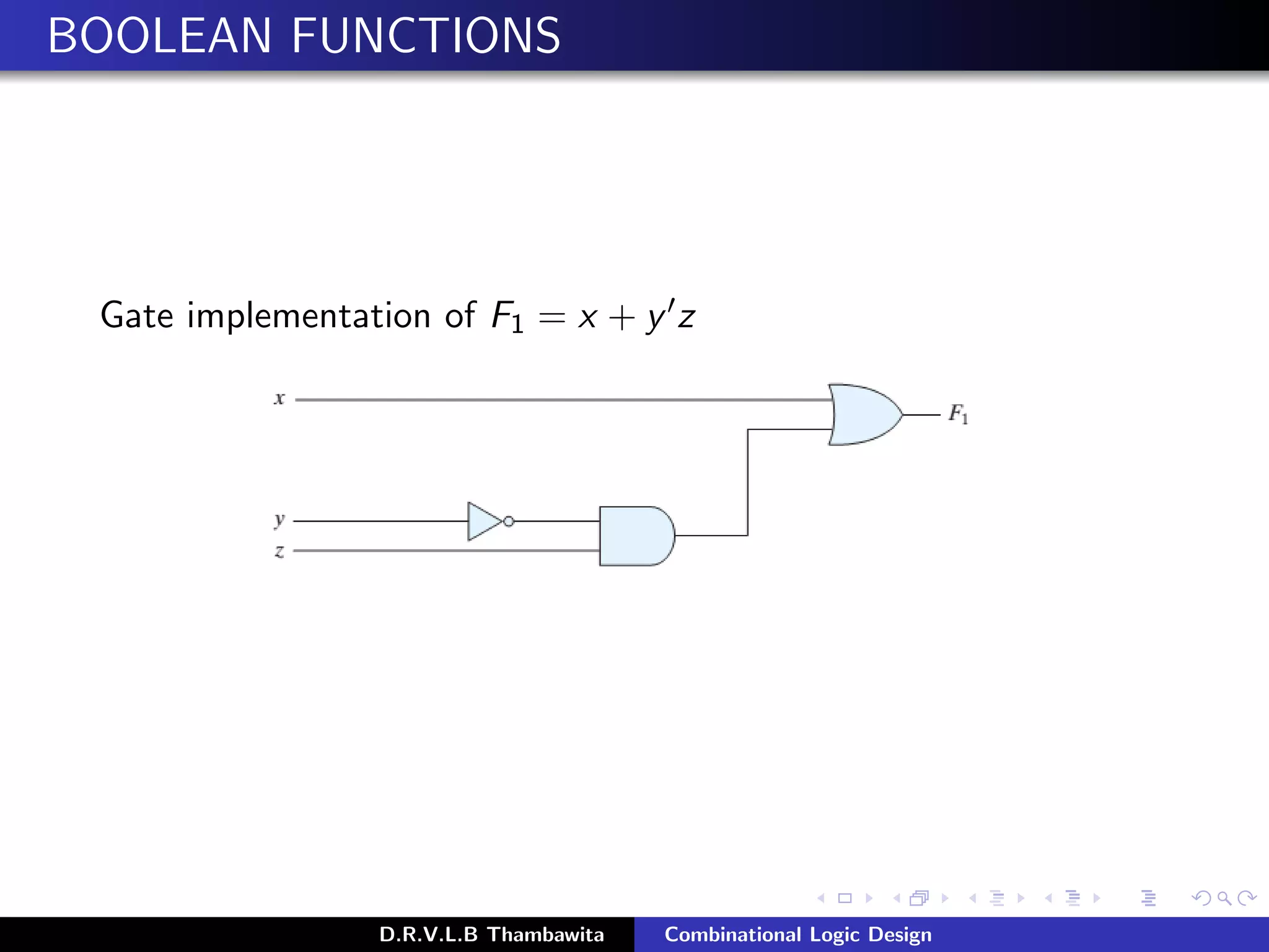 BOOLEAN FUNCTIONS
Gate implementation of F1 = x + y z
D.R.V.L.B Thambawita Combinational Logic Design
 