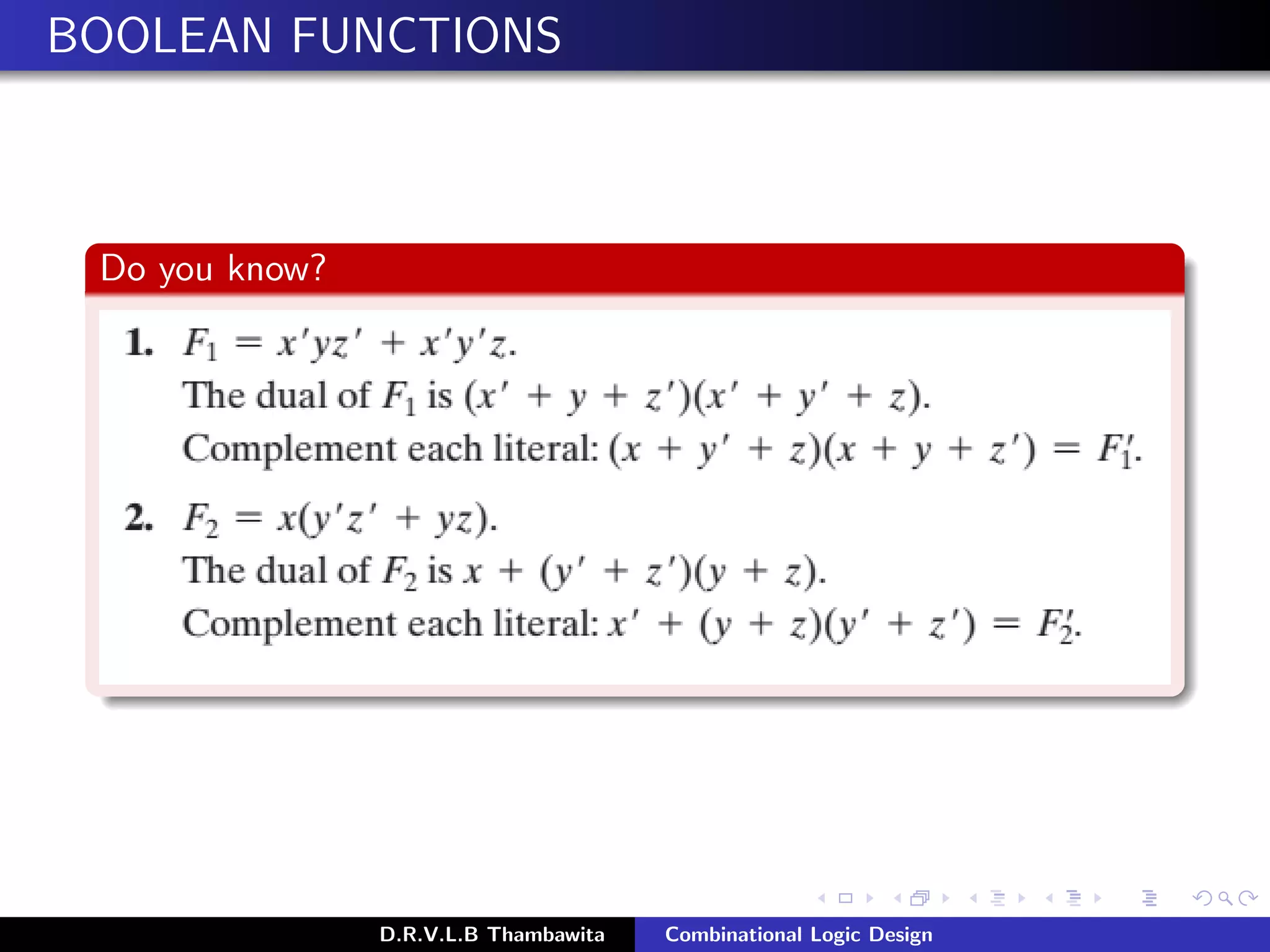 BOOLEAN FUNCTIONS
Do you know?
D.R.V.L.B Thambawita Combinational Logic Design
 