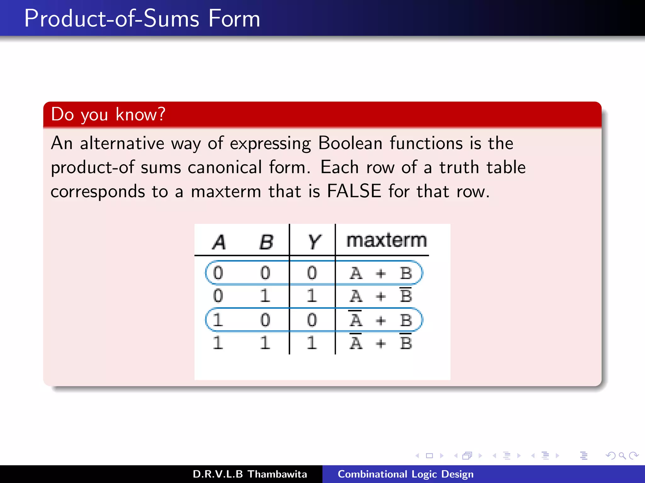 Product-of-Sums Form
Do you know?
An alternative way of expressing Boolean functions is the
product-of sums canonical form. Each row of a truth table
corresponds to a maxterm that is FALSE for that row.
D.R.V.L.B Thambawita Combinational Logic Design
 