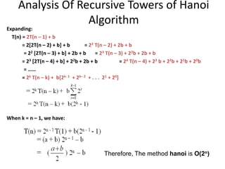 Analysis Of Recursive Towers of Hanoi
Algorithm
Expanding:
T(n) = 2T(n – 1) + b
= 2[2T(n – 2) + b] + b = 22 T(n – 2) + 2b + b
= 22 [2T(n – 3) + b] + 2b + b = 23 T(n – 3) + 22b + 2b + b
= 23 [2T(n – 4) + b] + 22b + 2b + b = 24 T(n – 4) + 23 b + 22b + 21b + 20b
= ……
= 2k T(n – k) + b[2k- 1 + 2k– 2 + . . . 21 + 20]
When k = n – 1, we have:
Therefore, The method hanoi is O(2n)
 
