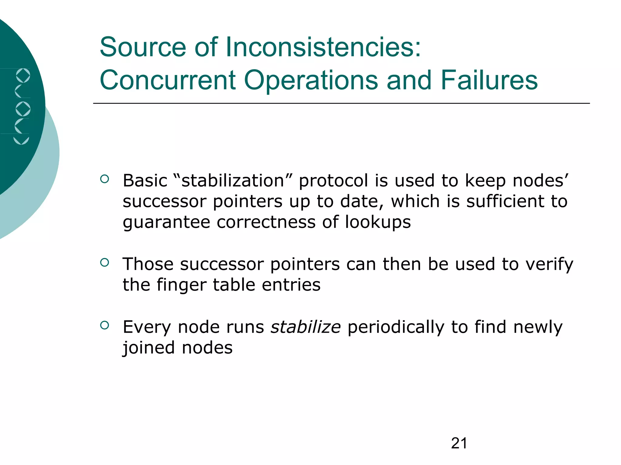 21
Source of Inconsistencies:
Concurrent Operations and Failures
 Basic “stabilization” protocol is used to keep nodes’
successor pointers up to date, which is sufficient to
guarantee correctness of lookups
 Those successor pointers can then be used to verify
the finger table entries
 Every node runs stabilize periodically to find newly
joined nodes
 