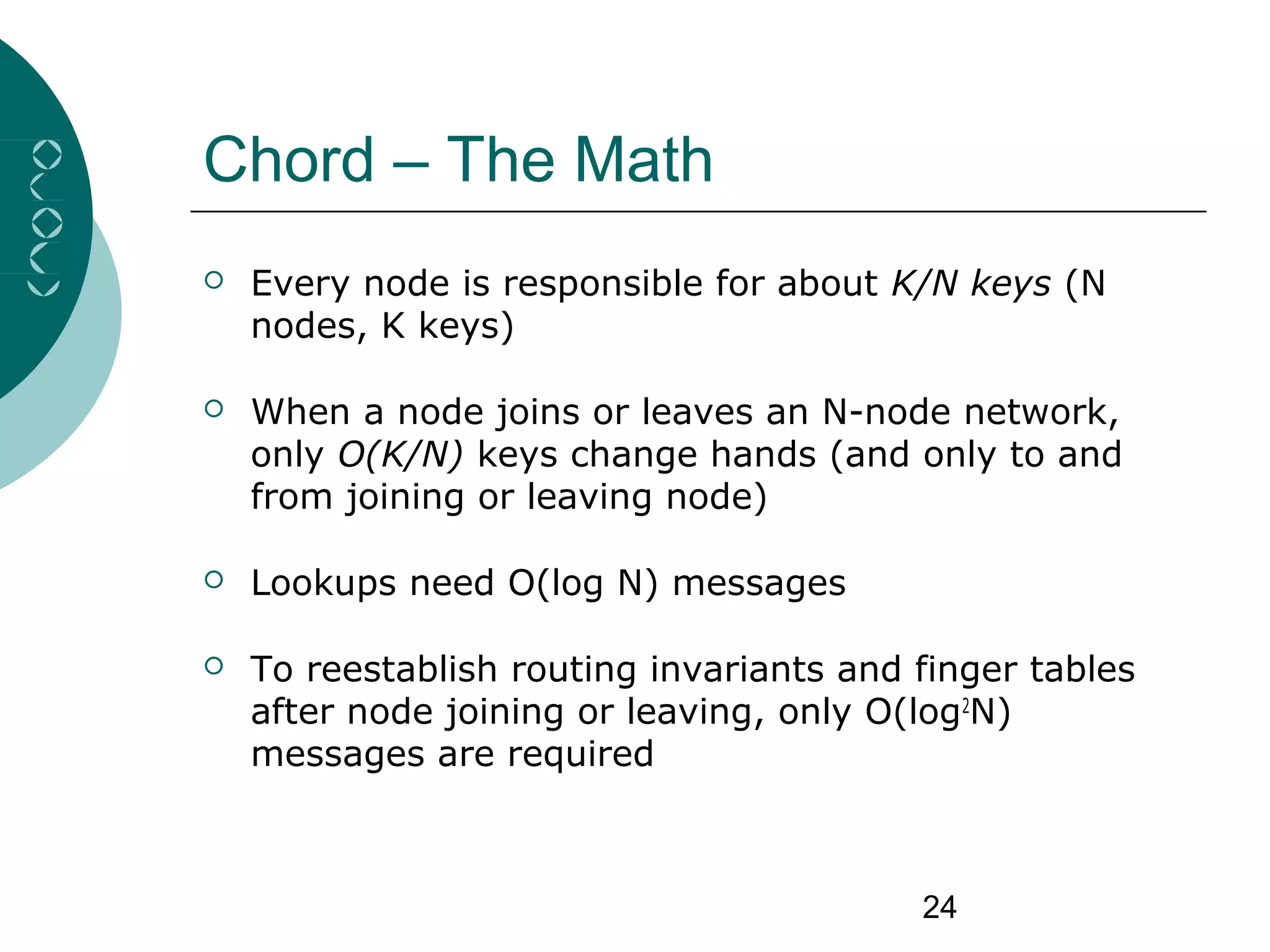 24
Chord – The Math
 Every node is responsible for about K/N keys (N
nodes, K keys)
 When a node joins or leaves an N-node network,
only O(K/N) keys change hands (and only to and
from joining or leaving node)
 Lookups need O(log N) messages
 To reestablish routing invariants and finger tables
after node joining or leaving, only O(log2
N)
messages are required
 