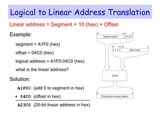 Logical to Linear Address Translation Linear address = Segment × 10 (hex) + Offset Example: segment = A1F0 (hex) offset = 04C0 (hex) logical address = A1F0:04C0 (hex) what is the linear address? Solution: A1F0 0   (add 0 to segment in hex) + 04C0  (offset in hex) A23C0  (20-bit linear address in hex) 
