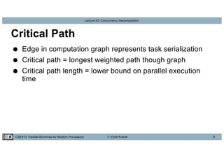 CSE513: Parallel Runtimes for Modern Processors © Vivek Kumar
Lecture 03: Concurrency Decomposition
Critical Path
● Edge in computation graph represents task serialization
● Critical path = longest weighted path though graph
● Critical path length = lower bound on parallel execution
time
9
 