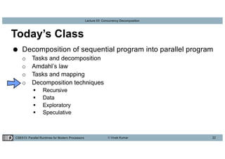 CSE513: Parallel Runtimes for Modern Processors © Vivek Kumar
Lecture 03: Concurrency Decomposition
Today’s Class
● Decomposition of sequential program into parallel program
o Tasks and decomposition
o Amdahl’s law
o Tasks and mapping
o Decomposition techniques
§ Recursive
§ Data
§ Exploratory
§ Speculative
22
 