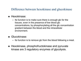 Difference between hexokinase and glucokinase

   Hexokinase:
    – Its function is to make sure there is enough glc for the
      tissues, even in the presence of low blood glc
      concentrations, by phosphorylating all the glc concentration
      gradient between the blood and the intracellular
      environment.

   Glucokinase:
    – Its function is to remove glc from the blood following a meal.

   Hexokinase, phosphofructokinase and pyruvate
    kinase are 3 regulatory enzymes of glycolysis.
 