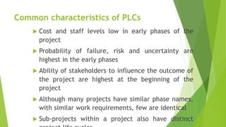 Common characteristics of PLCs
 Cost and staff levels low in early phases of the
project
 Probability of failure, risk and uncertainty are
highest in the early phases
 Ability of stakeholders to influence the outcome of
the project are highest at the beginning of the
project
 Although many projects have similar phase names,
with similar work requirements, few are identical
 Sub-projects within a project also have distinct
 