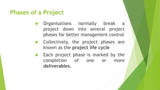 Phases of a Project
 Organisations normally break a
project down into several project
phases for better management control
 Collectively, the project phases are
known as the project life cycle
 Each project phase is marked by the
completion of one or more
deliverables.
 