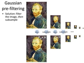 Gaussian
pre-filtering
• Solution: filter
the image, then
subsample
blur
F0 H*
subsample blur subsample …
F1
F1 H*
F2
F0
 