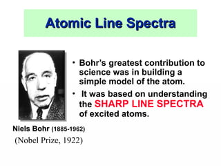 Atomic Line Spectra
Atomic Line Spectra
• Bohr’s greatest contribution to
science was in building a
simple model of the atom.
• It was based on understanding
the SHARP LINE SPECTRA
of excited atoms.
Niels Bohr
Niels Bohr (1885-1962)
(Nobel Prize, 1922)
 