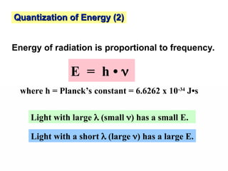 E = h • 
Quantization of Energy (2)
Quantization of Energy (2)
Energy of radiation is proportional to frequency.
where h = Planck’s constant = 6.6262 x 10-34
J•s
Light with large  (small ) has a small E.
Light with a short  (large ) has a large E.
 