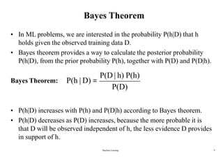 Bayes Theorem
• In ML problems, we are interested in the probability P(h|D) that h
holds given the observed training data D.
• Bayes theorem provides a way to calculate the posterior probability
P(h|D), from the prior probability P(h), together with P(D) and P(D|h).
Bayes Theorem:
• P(h|D) increases with P(h) and P(D|h) according to Bayes theorem.
• P(h|D) decreases as P(D) increases, because the more probable it is
that D will be observed independent of h, the less evidence D provides
in support of h.
P(D)
Machine Learning 9
P(D | h) P(h)
P(h | D) =
 