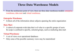 Data Mining 15
Three Data Warehouse Models
• From the architecture point of view, there are three data warehouse models: enterprise
warehouse, data mart and virtual warehouse.
Enterprise Warehouse
• Collects all of the information about subjects spanning the entire organization
Data Mart
• A subset of corporate-wide data that is of value to a specific groups of users.
Its scope is confined to specific, selected groups, such as marketing data mart
Virtual Warehouse
• A set of views over operational databases
• Only some of the possible summary views may be materialized
 