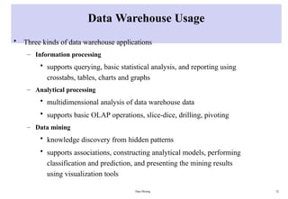 Data Mining 32
Data Warehouse Usage
• Three kinds of data warehouse applications
– Information processing
• supports querying, basic statistical analysis, and reporting using
crosstabs, tables, charts and graphs
– Analytical processing
• multidimensional analysis of data warehouse data
• supports basic OLAP operations, slice-dice, drilling, pivoting
– Data mining
• knowledge discovery from hidden patterns
• supports associations, constructing analytical models, performing
classification and prediction, and presenting the mining results
using visualization tools
 