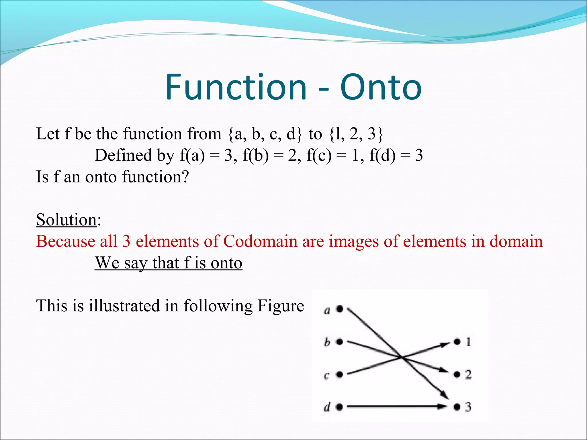 Function - Onto
Let f be the function from {a, b, c, d} to {l, 2, 3}
Defined by f(a) = 3, f(b) = 2, f(c) = 1, f(d) = 3
Is f an onto function?
Solution:
Because all 3 elements of Codomain are images of elements in domain
We say that f is onto
This is illustrated in following Figure
 