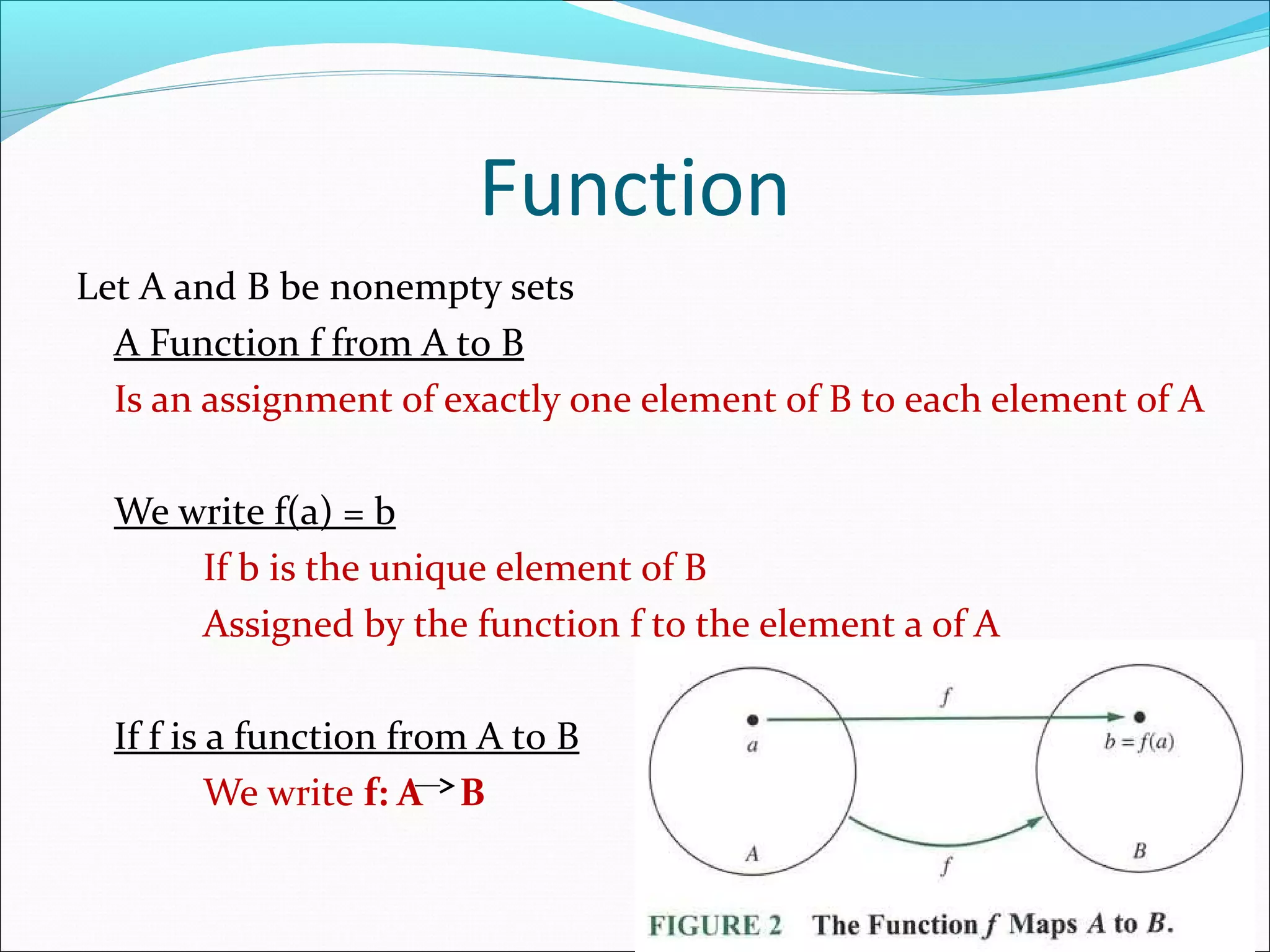 Function
Let A and B be nonempty sets
A Function f from A to B
Is an assignment of exactly one element of B to each element of A
We write f(a) = b
If b is the unique element of B
Assigned by the function f to the element a of A
If f is a function from A to B
We write f: A B
 