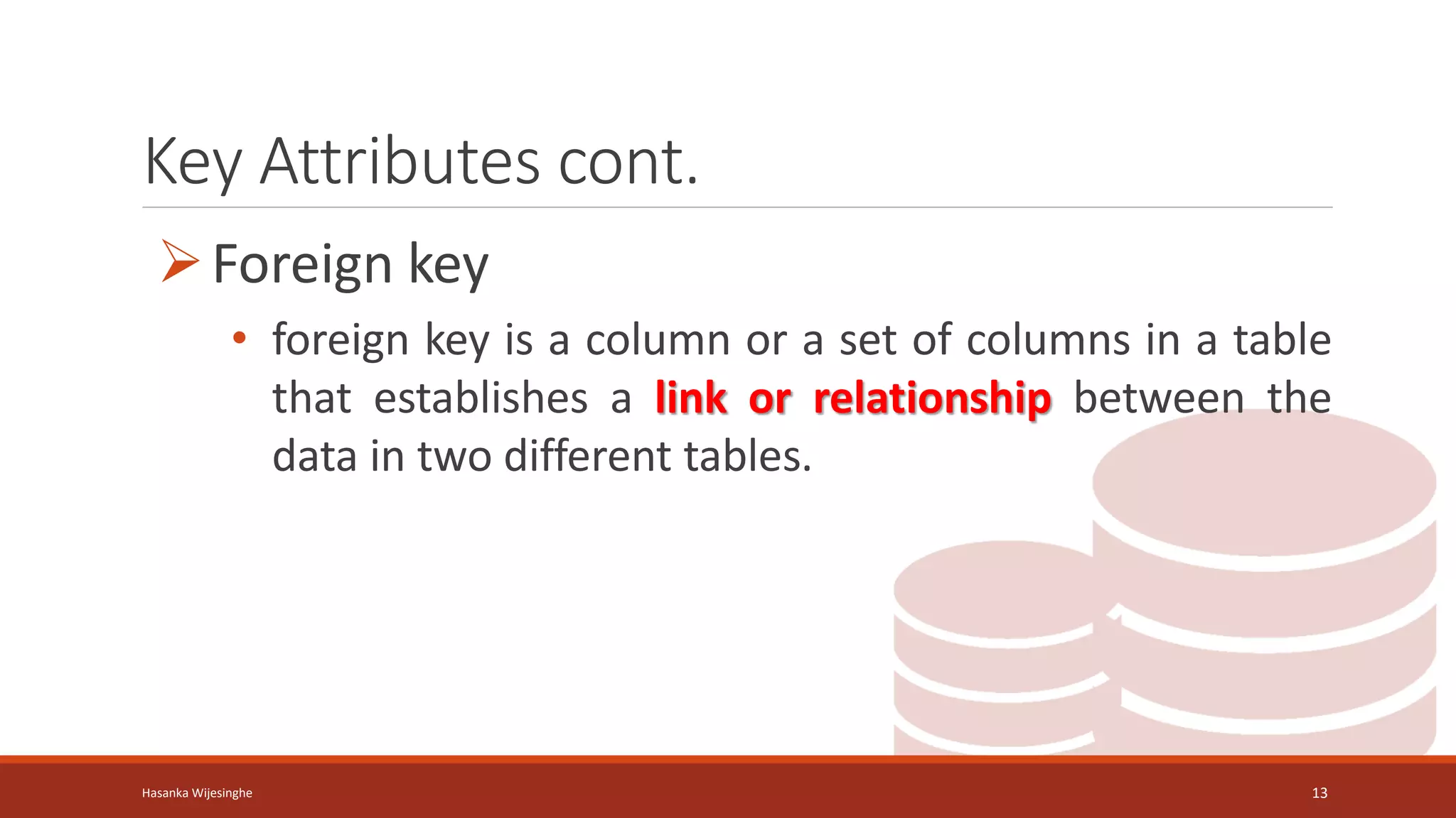 Key Attributes cont.
Foreign key
• foreign key is a column or a set of columns in a table
that establishes a link or relationship between the
data in two different tables.
Hasanka Wijesinghe 13
 