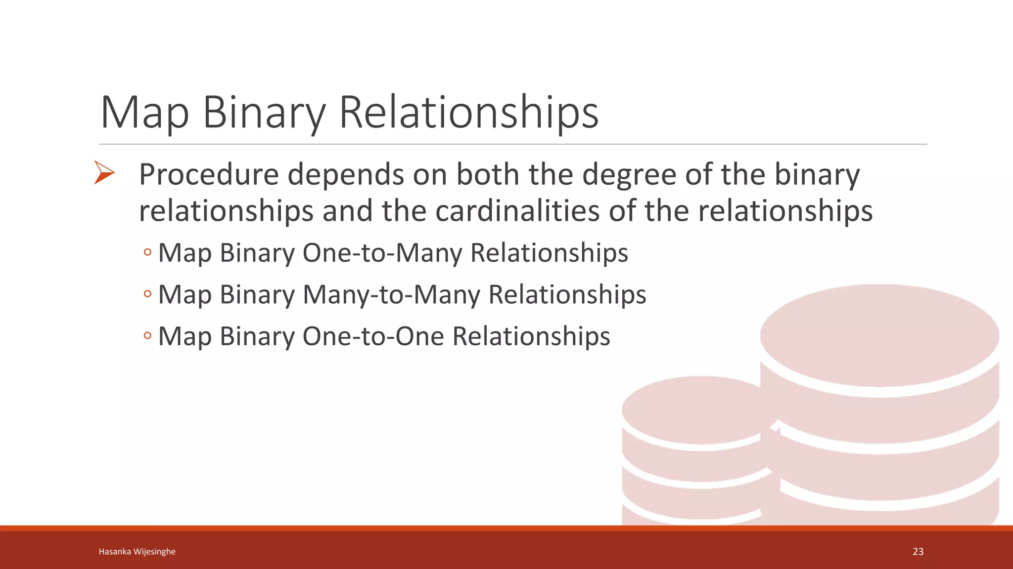 Map Binary Relationships
 Procedure depends on both the degree of the binary
relationships and the cardinalities of the relationships
◦ Map Binary One-to-Many Relationships
◦ Map Binary Many-to-Many Relationships
◦ Map Binary One-to-One Relationships
Hasanka Wijesinghe 23
 