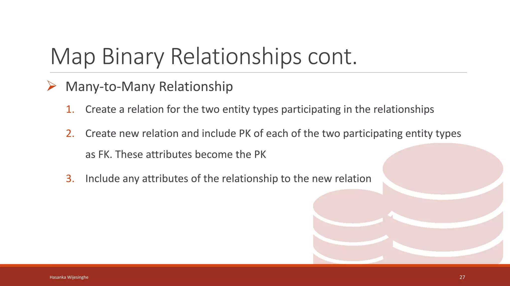 Map Binary Relationships cont.
 Many-to-Many Relationship
1. Create a relation for the two entity types participating in the relationships
2. Create new relation and include PK of each of the two participating entity types
as FK. These attributes become the PK
3. Include any attributes of the relationship to the new relation
Hasanka Wijesinghe 27
 