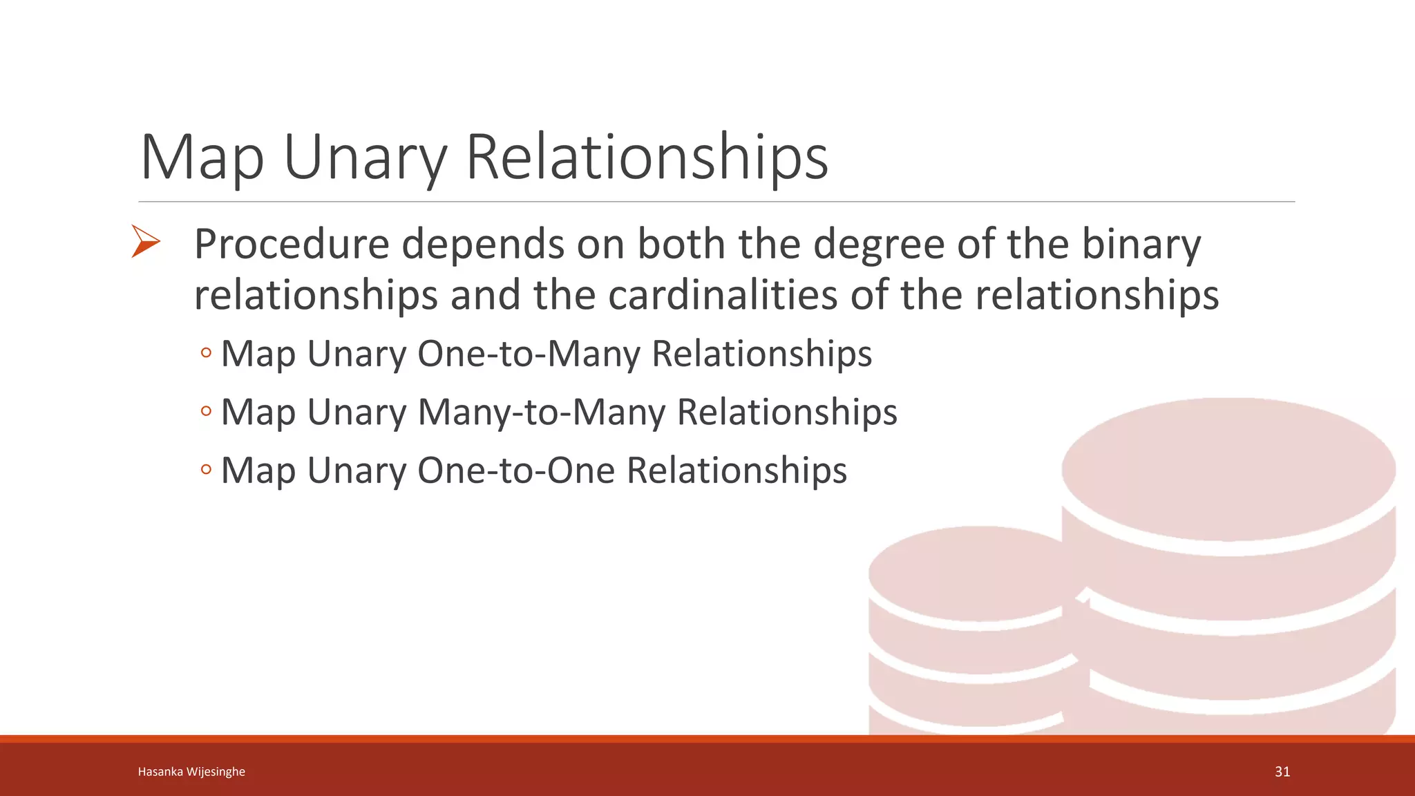 Map Unary Relationships
 Procedure depends on both the degree of the binary
relationships and the cardinalities of the relationships
◦ Map Unary One-to-Many Relationships
◦ Map Unary Many-to-Many Relationships
◦ Map Unary One-to-One Relationships
Hasanka Wijesinghe 31
 
