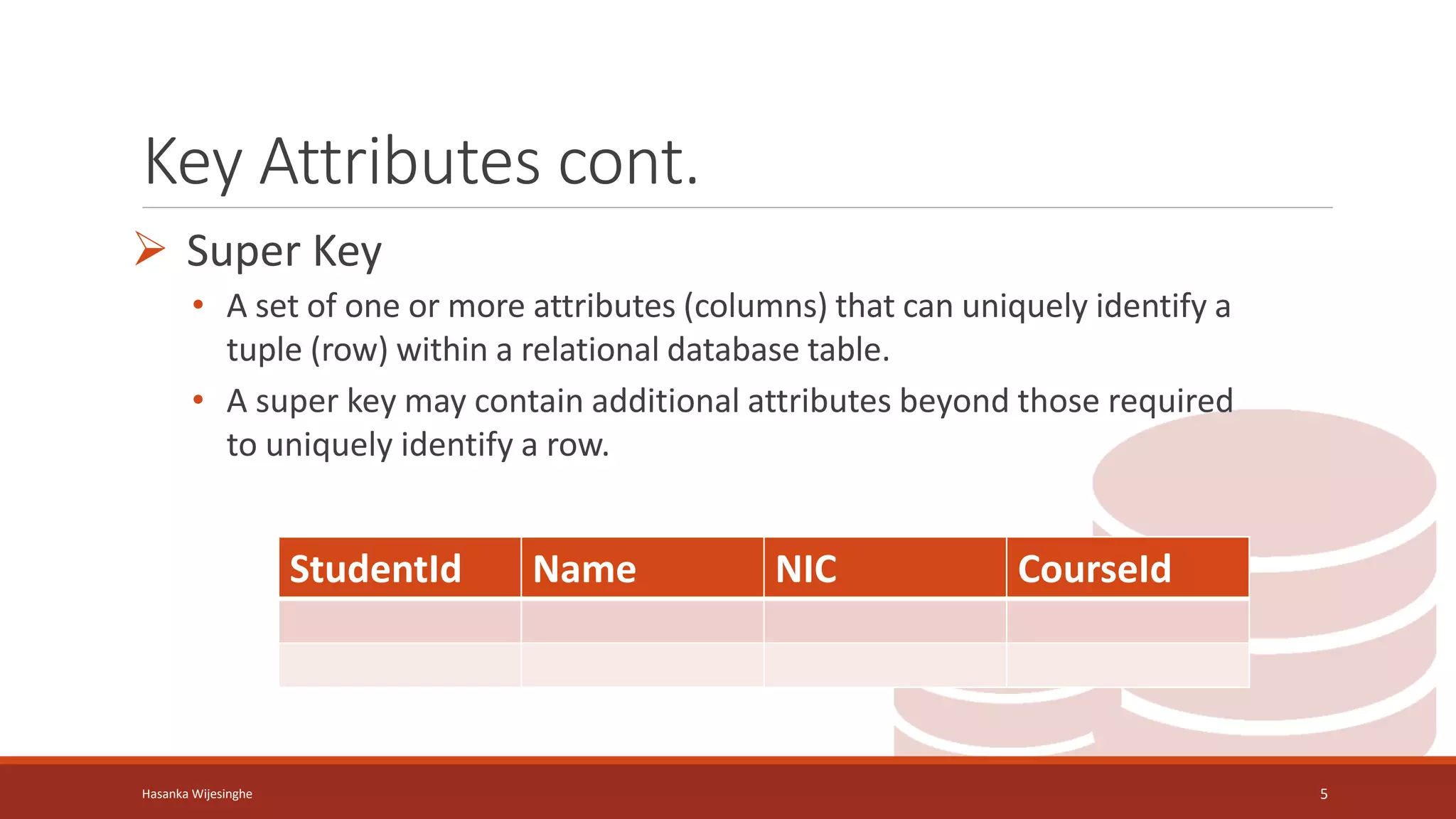 Key Attributes cont.
 Super Key
• A set of one or more attributes (columns) that can uniquely identify a
tuple (row) within a relational database table.
• A super key may contain additional attributes beyond those required
to uniquely identify a row.
Hasanka Wijesinghe 5
StudentId Name NIC CourseId
 