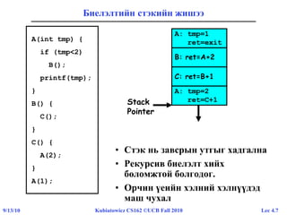 Lec 4.79/13/10 Kubiatowicz CS162 ©UCB Fall 2010
Биелэлтийн стэкийн жишээ
• Стэк нь завсрын утгыг хадгална
• Рекурсив биелэлт хийх
боломжтой болгодог.
• Орчин үеийн хэлний хэлнүүдэд
маш чухал
A(int tmp) {
if (tmp<2)
B();
printf(tmp);
}
B() {
C();
}
C() {
A(2);
}
A(1);
A: tmp=2
ret=C+1Stack
Pointer
A: tmp=1
ret=exit
B: ret=A+2
C: ret=B+1
 