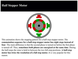 Half Stepper Motor
This animation shows the stepping pattern for a half-step stepper motor. The
commutation sequence for a half-step stepper motor has eight steps instead of
four. The main difference is that the second phase is turned on before the first phase
is turned off. Thus, sometimes both phases are energized at the same time. During
the half-steps the rotor is held in between the two full-step positions. A half-step
motor has twice the resolution of a full step motor. It is very popular for this
reason.
 