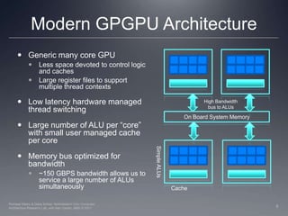Modern GPGPU ArchitectureGeneric many core GPULess space devoted to control logic and cachesLarge register files to support multiple thread contextsLow latency hardware managed thread switchingLarge number of ALU per “core” with small user managed cache per core Memory bus optimized for  bandwidth ~150 GBPS bandwidth allows us to service a large number of ALUs simultaneouslyHigh Bandwidth bus to ALUsOn Board System MemorySimple ALUsCache6Perhaad Mistry & Dana Schaa, Northeastern Univ Computer Architecture Research Lab, with Ben Gaster, AMD © 2011