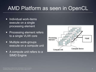AMD Platform as seen in OpenCLIndividual work-items execute on a single processing elementProcessing element refers to a single VLIW coreMultiple work-groups execute on a compute unitA compute unit refers to a SIMD Engine9Perhaad Mistry & Dana Schaa, Northeastern Univ Computer Architecture Research Lab, with Ben Gaster, AMD © 2011