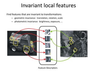 Invariant local features
Find features that are invariant to transformations
– geometric invariance: translation, rotation, scale
– photometric invariance: brightness, exposure, …
Feature Descriptors
 