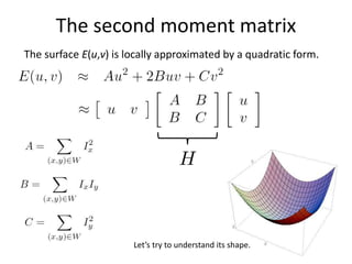 The surface E(u,v) is locally approximated by a quadratic form.
The second moment matrix
Let’s try to understand its shape.
 