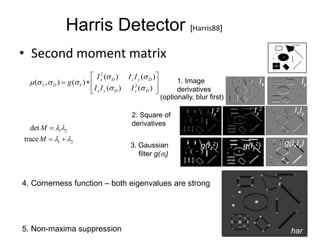 Harris Detector [Harris88]
• Second moment matrix









)()(
)()(
)(),( 2
2
DyDyx
DyxDx
IDI
III
III
g



63
1. Image
derivatives
2. Square of
derivatives
3. Gaussian
filter g(I)
Ix Iy
Ix
2 Iy
2 IxIy
g(Ix
2) g(Iy
2) g(IxIy)
4. Cornerness function – both eigenvalues are strong
har5. Non-maxima suppression
1 2
1 2
det
trace
M
M
 
 

 
(optionally, blur first)
 