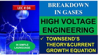 HIGH VOLTAGE
ENGINEERING
 TOWNSEND’S
THEORY&CURRENT
GROWTH EQUATION
IN SIMPLE
LAUNGUAGE
LEC # 04
BREAKDOWN
IN GASES
 