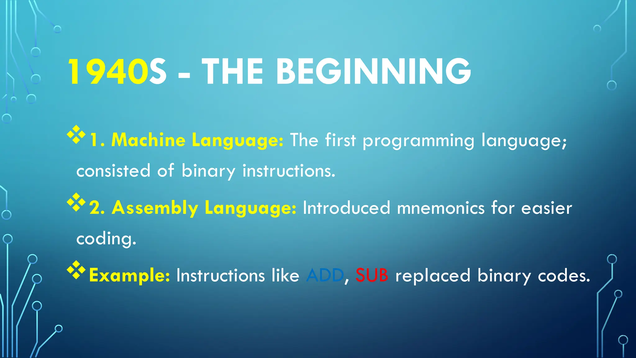 1940S - THE BEGINNING
1. Machine Language: The first programming language;
consisted of binary instructions.
2. Assembly Language: Introduced mnemonics for easier
coding.
Example: Instructions like ADD, SUB replaced binary codes.
 