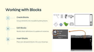 preencoded.png
Working with Blocks
1 Create Blocks
Group elements into reusable building blocks.
2 Edit Blocks
Modify block definitions to update all instances.
3 Insert Blocks
Place pre-designed blocks into your drawings.
 