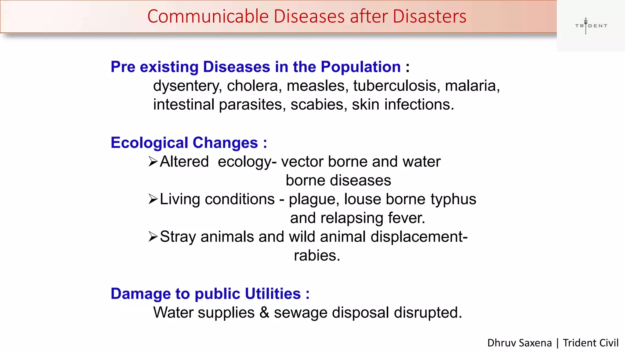 Communicable Diseases after Disasters
9
Pre existing Diseases in the Population :
dysentery, cholera, measles, tuberculosis, malaria,
intestinal parasites, scabies, skin infections.
Ecological Changes :
Altered ecology- vector borne and water
borne diseases
Living conditions - plague, louse borne typhus
and relapsing fever.
Stray animals and wild animal displacement-
rabies.
Damage to public Utilities :
Water supplies & sewage disposal disrupted.
Dhruv Saxena | Trident Civil
 