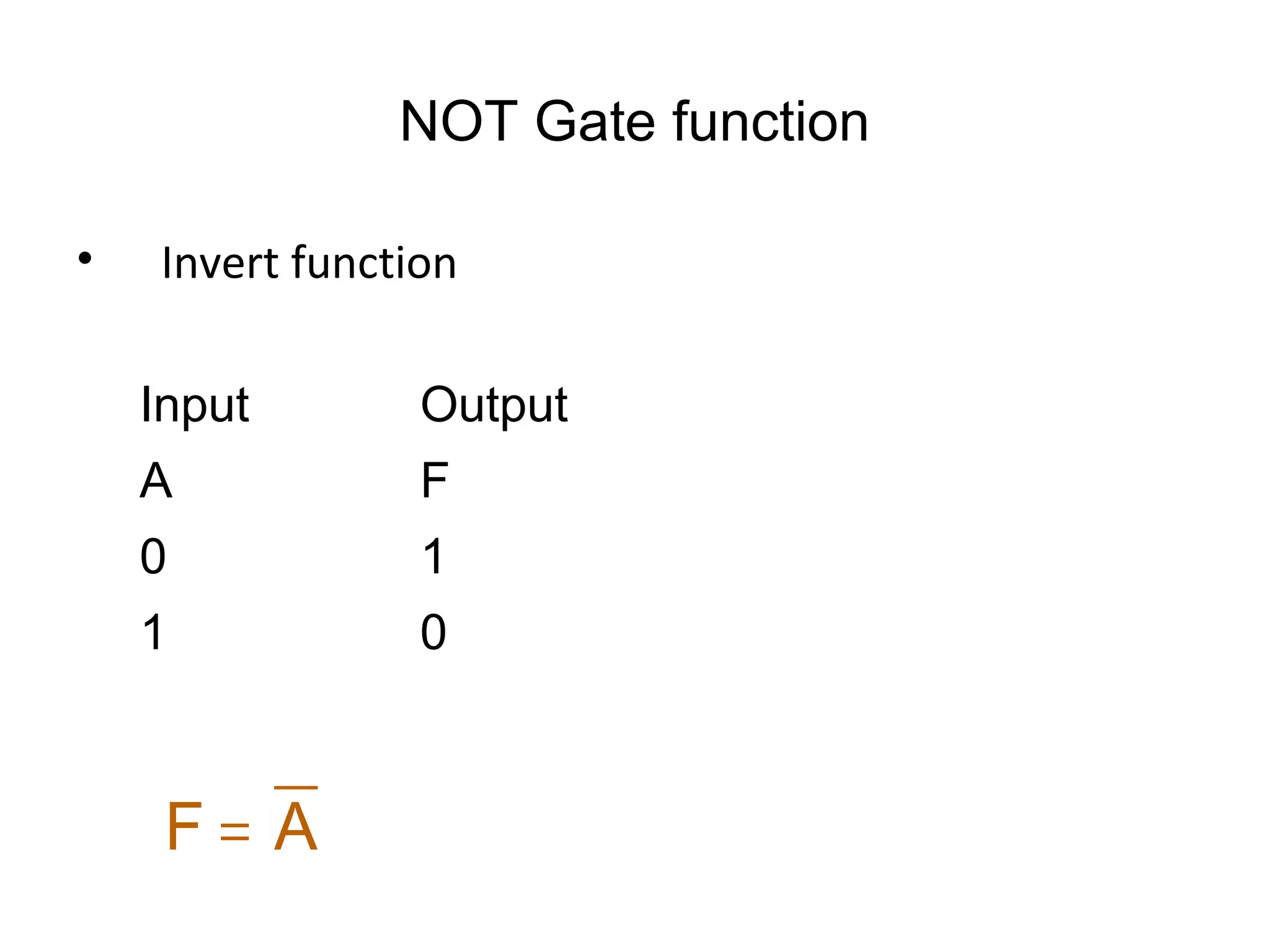 NOT Gate function
• Invert function
Input Output
A F
0 1
1 0
AF =
 
