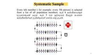 Systematic Sample
Every kth member ( for example: every 5th person) is selected
from a list of all population members. සෑම k සොමොජි කයකුම
(උදොහරණයක් කලස: සෑම 5 වන පුද්ගලයො) සියලුම සංගහන
සොමොජි යින්කේ ලැයිස්ුකවන් ක ෝරො ගනු ලැකේ.
29
 