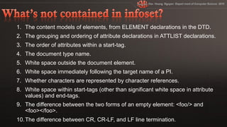 1. The content models of elements, from ELEMENT declarations in the DTD.
2. The grouping and ordering of attribute declarations in ATTLIST declarations.
3. The order of attributes within a start-tag.
4. The document type name.
5. White space outside the document element.
6. White space immediately following the target name of a PI.
7. Whether characters are represented by character references.
8. White space within start-tags (other than significant white space in attribute
   values) and end-tags.
9. The difference between the two forms of an empty element: <foo/> and
   <foo></foo>.
10. The difference between CR, CR-LF, and LF line termination.
 