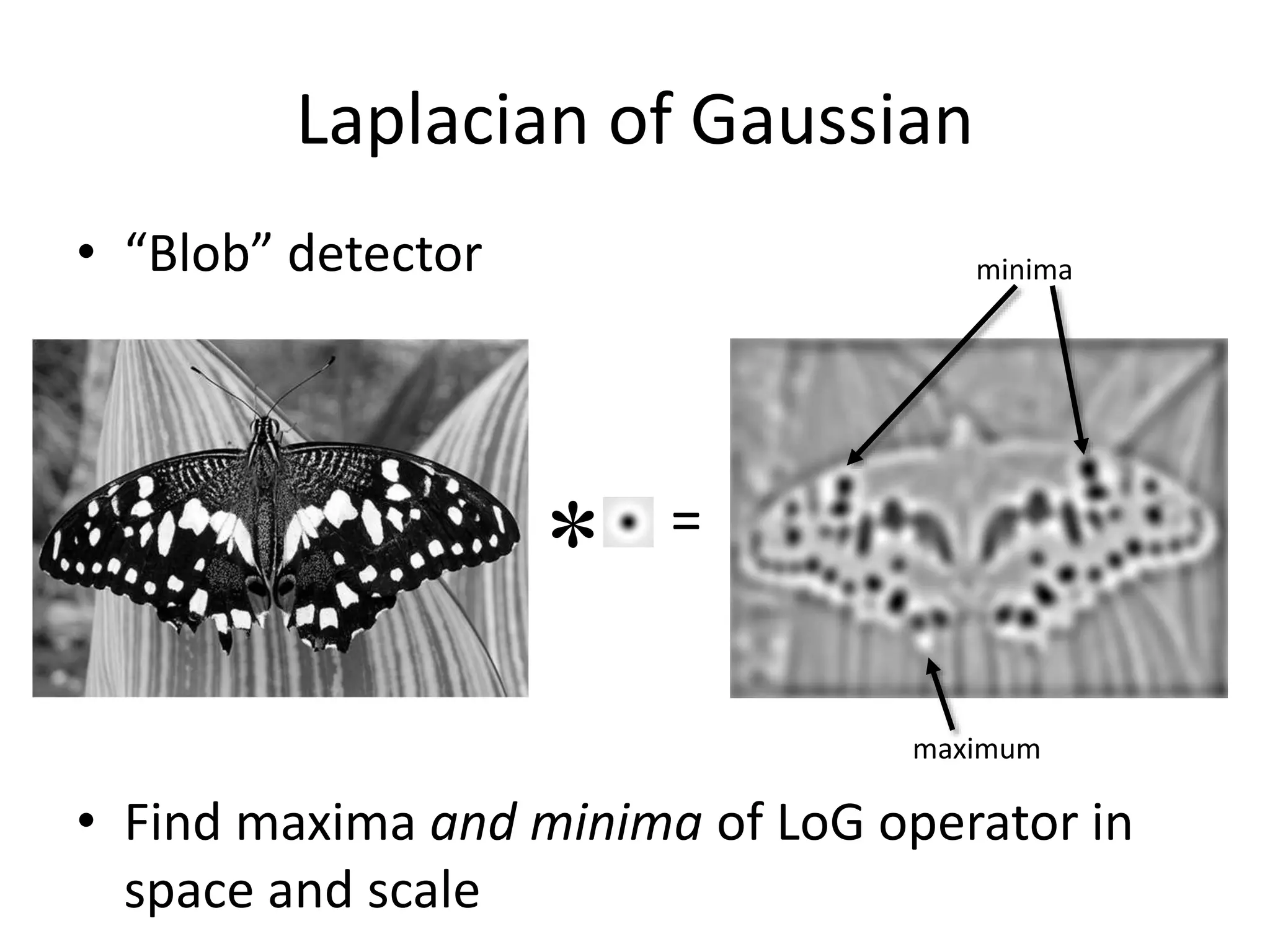 Laplacian of Gaussian
• “Blob” detector
• Find maxima and minima of LoG operator in
space and scale
* =
maximum
minima
 